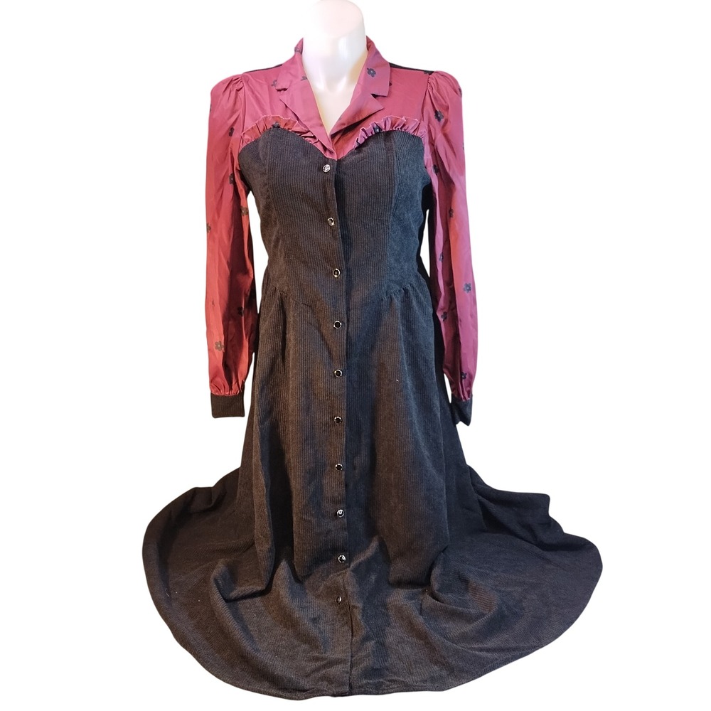 Whimsigoth Maxi Dress Corduroy Floral Goblincore Long Sleeve Button Women XL
